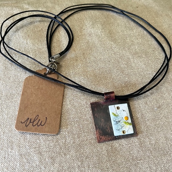 vlw Jewelry - Handmade one of a kind copper torch fired enamel pendant on leather necklace.